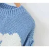 Women Childlike Innocence White Clouds And Green Grass Knit Sweater With Puff Sleeve 210512
