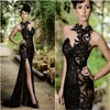 2021 Black Rami Salamoun Split Prom Dresses Long Appliqued Sheer Collo alto Perline Sirena Abiti da sera convenzionali Immagine reale Abito da festa economico