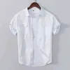 Camicia a maniche corte stile Safari per uomo Estate Nuovo 100% cotone Casual Colletto rovesciato Top Uomo Stampa bianca Abbigliamento 210421