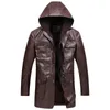 Idopy Winter Warm Mäns Lång Faux Läderjacka med Avtagbar Hood Fleece PU Faux Läder Trench Coat Jacket Hoodie 211009