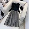 Ly Varey Lin Jesień Kobiety Dzianiny Tulle Patchwork Suknie Elegancki Długi Rękaw Polka Dot A Line Black Slim 210526