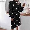 ZANZEA Spring Elegant Polka Dot Print Dress Women Autumn O Neck Long Puff Sleeve OL Work Sundress Stylish Party Midi Vestidos Y1204