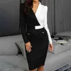 Kobiety Elegancki Z Długim Rękaw Czarno-biały Patchwork Casual Party Work Office Dopasowany Stretch Slim Ołówek Sheath Bodycon Dress G1214