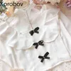 Korobov Summer NOUVEAU Hollow Out Femmes Blouses Vintage Solide Manches Sleeve Bouchons Sweet Femelle Shirts Office Bow Blusas 210430