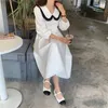 Vintage Lose Drehen Unten Kragen Büro Dame Streetwear Casual Hohe Taille Retro Sommer Süße Lange Kleider Vestidos 210525