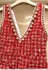 Jaar merk kleding lente tweed wol vrouwen mouwloze v nek kralen parel kwast kerstrode rode plaid vest jurk 210416