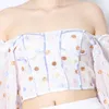 Kvinnors Blusar Skjortor Sommar Chic Slash Neck Puffy Sleeve Off-the-Shoulder Tube Top Women Sexy Bowknot på Back Polka Dots