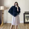 Real Ostrich Leather Fur Cape Elegant Collar Poncho Autumn Winter Women Black Fluffy Pullover Shawl C206 H0923