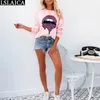 Kadın Moda Kazak Pembe Büyük Dudak Baskı Uzun Kollu O Boyun Sonbahar Jumper Kazak Tops Casual Streetwear Bluzlar Artı Boyutu 210520