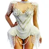 White Mesh Gauze Bodysuit Women Rhinestones Pearl Rivet Embellished Beaded Costume Nightclub Dance Show Wear Bar Club Stage