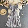 Coréen chic vintage élégant fleur imprimé robe de mode mode carré cols robes de manches bouffantes ol Vestidos de mujer 210519