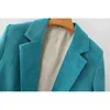 가을 캐주얼 코듀로이 블루 긴 Outwear Blazers 사무실 레이디 우아한 단일 버튼 슬리브 블레이저 세련 된 210421