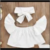 Setleri Bebek Bebek Annelik Bırak Teslimat 2021 Moda Çocuk Kız Giysileri Kapalı Omuz Kırpma Üstleri Beyaz Delik Kot Pantolon Jean Bandı 3 adet