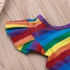 Tute da ragazza di moda estiva Gonna da principessa Ragazze all'ingrosso Striscia arcobaleno Manica corta Patchwork Pagliaccetti in rete Abbigliamento per bambini