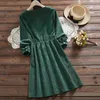 Мода старинные вельверы платье женщин с длинным рукавом цветочные вышивка элегантные повседневные дамы женские MIDI зеленый 7425 50 210427