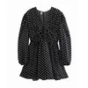 Noir Polka Dot Mini Robe Femmes V Cou Volant Puff Manches Longues Femme Dos Ouverture Sexy Élégant es 210519