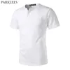 Men's Short Sleeve Heavyweight Basic 3 Button Henley Tshirt Brand Slim Fit V Neck Thick Cotton Tee Shirt Homme White 210522