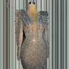 Glitter Prata Sereia Formal Vestidos de Noite para Mulheres Árabes Sexy profundo V Neck mangas compridas Cristais frisados ​​Prom Ocasião Vestidos de Novia