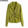 Fashion Button-up Pleated Blouses Women Green Vintage Lapel Collar Long Sleeve Female Shirts Blusas Chic Tops 210520