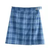 plaid vintage belt skirt women chic streetwear check mini high waist checkered a line blue 210427