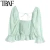 TRAF Women Fashion Hollow Embroidery Ruffled Cropted Blouses Vintage Puff Sleeve Back Elastische vrouwelijke shirts Chic Tops 210415