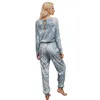 Mode Casual Overalls Lange Rompertjes Womens Dames Home Print Blue Jumpsuits Lange Mouw Lace Up Jumpsuit Dames 210508