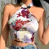 ArtSU 2020 Boho Vintage Camis Crop Top Halter Tank Top Dames Floral Dragon Print Slaap Tops Tee Streetwear AS41320 X0507