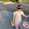 Tjejer sommar kortärmad klänning koreansk stil barn bomull mode blommig puff klänningar 210615