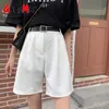 Women's Shorts Summer Beige Loose Casual Korean Style Knee-length Female Vintage Gray High Waist 210428