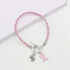 Nuovo arrivo Corda in pelle PU Nastro rosa Braccialetto con ciondoli Credi Fede Speranza Cancro al seno Bracciali Braccialetti Per le donne Consapevolezza Gioielli Pulsera