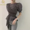 Мода летние корейские шикарные женские топы сетки слойки с коротким рукавом O-образным вырезом рубашка + лук повязки слинг жилет костюмы 210506