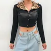 Ezgaga Giacca Donna Sexy Leopardo Colletto Gira-Imbottiture Manica Lunga Sottile Sottile Monopetto Signore Top Streetwear Moda 210430