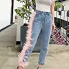 LANMREM Fashion Women High Waist Broken Tassels Fur Patchwork Washted Jeans Female Pants WH61705L Street 210809