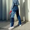 Jeans kvinna hög midja baggy denim byxor damer mode capris ficka vintage patchwork rak byxa streetwear y2k pants 210515