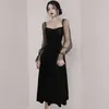 Wiosna Vintage Square Collar Mesh Patchwork Aksamitna Długość Sukienka Sexy Backless Black Vestidos dla kobiet 210520