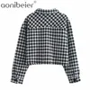 Women Fashion Single Breasted Short Black Plaid Jacket Pocket Accessories Retro Long Sleeve Blouse Streetwear 210604