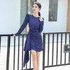 Moda Mulheres Primavera O-pescoço de Manga Longa Ponto Azul Pintado Hight Cintura Bowknot Irregular Escritório Casual Mini Vestido 210514