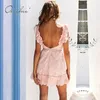 Summer Women Haft Mini Sexy Backless Różowy Wzburzony Krótka Tunica Dress 210415