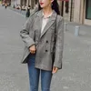 Pink Gray Plaid Notch Collar Long Sleeve Double-breasted Pocket Loose Suit Slim Fit Casual Chic Blazer C0147 210514