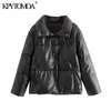 Women Fashion Faux Leather Thick Warm Padded Jacket Coat Long Sleeve Pockets Female Outerwear Chic Tops 210420