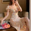 Sommer Blumenkleid Frauen Französisch Stil Puff Sleeve Chiffon Party Kleid Casual Koreanische Stil Kleidung Vintage Retro Kleid 210331