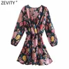 Kobiety Vintage Cross V Neck Floral Print Elastyczna Talia Mini Dress Kobieta Chic Hem Nieregularne Dorywczo Kimono Vestidos DS8177 210416