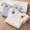 Spring Autumn 2 3 4 6 8 10 Years Cotton White Blue Striped Embroidery Flower Flare Sleeve Kids Baby Girls Blouse Shirt 210701