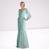 V Neck Applique Lace Evening Dress Light Sky Blue Chiffon Sheath 3/4 Long Sleeve Beaded Modern Prom Gowns