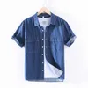 Camisas de denim azul para homens verão fino manga curta jean camisas de boa qualidade macho puro algodão casual cowboy tops roupas 210601