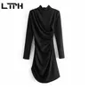 temperament Simple Fold design women dress Sexy slim long sleeve vintage Solid irregular elegant dresses Autumn 210427