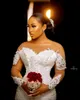 2022 Sexy African Arabic Mermaid Wedding Dresses Jewel Neck Illusion Crystal Beaded Long Sleeves Button Back Satin Court Train Plus Size Bridal Gowns