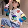 Jesień Cothes Koreański Odzież dziecięca Kapturem Cartoon Sweter Denim Dżinsy 2 Sztuk Moda Duże Dziewczyny Girls 'Garnitury 4-13Y 210925