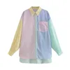 Moda Patchwork Listrado Color-Block Mulheres Camisa Primavera Verão Elegante Bolso Único Breasted Lapel Blusa All-Match 210521