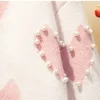 甘い女の子ピンクの服スーツ秋冬人形襟ハートパターン真珠のセーター+サッシプリーツスカートウール2ピースセット210416